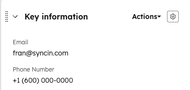 HubSpot contact Key Information showing Email and Phone Number fields