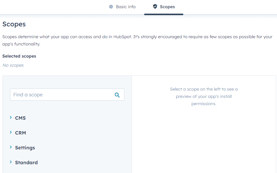 Scopes tab showing CMS, CRM, Settings, and Standard categories