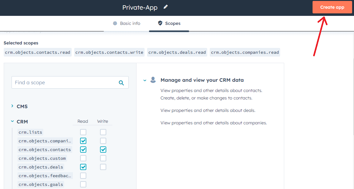 CRM scopes with contacts read/write and owners read enabled